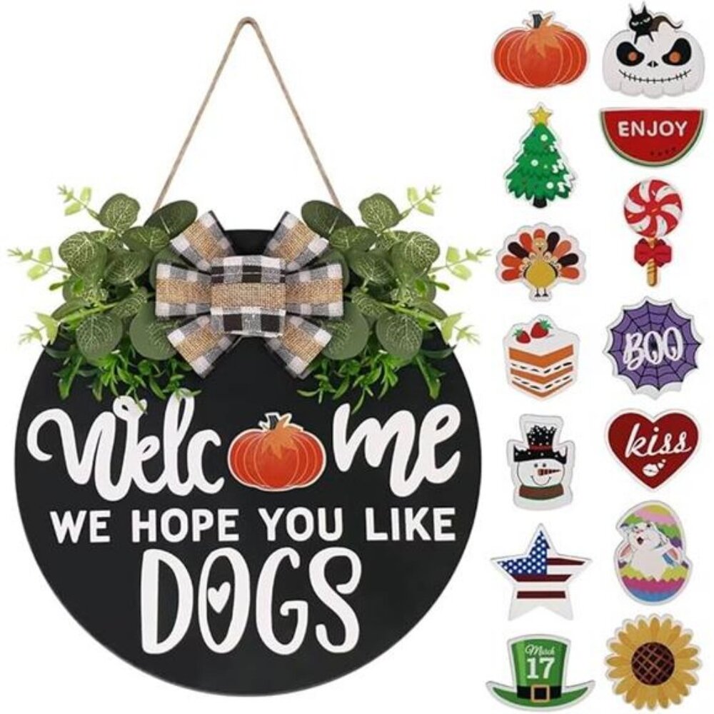 Interchangeable Wooden Seasonal Welcome Sign, Rustic Round Dogs Sign - Picture 8 of 8